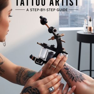 Close-up of a tattoo artist working on a floral arm tattoo with intricate shading and line work, featuring a rose design.