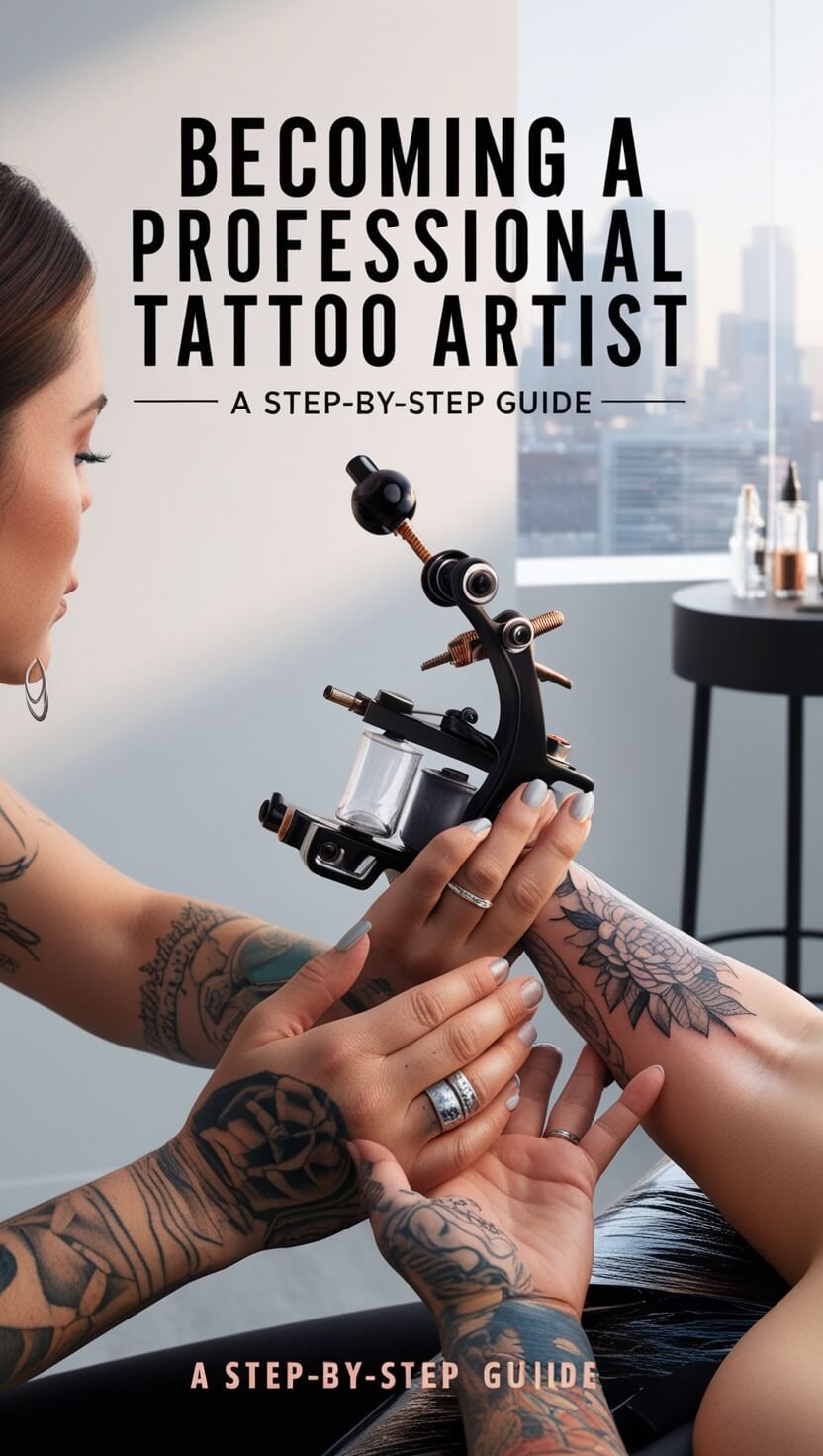 Close-up of a tattoo artist working on a floral arm tattoo with intricate shading and line work, featuring a rose design.