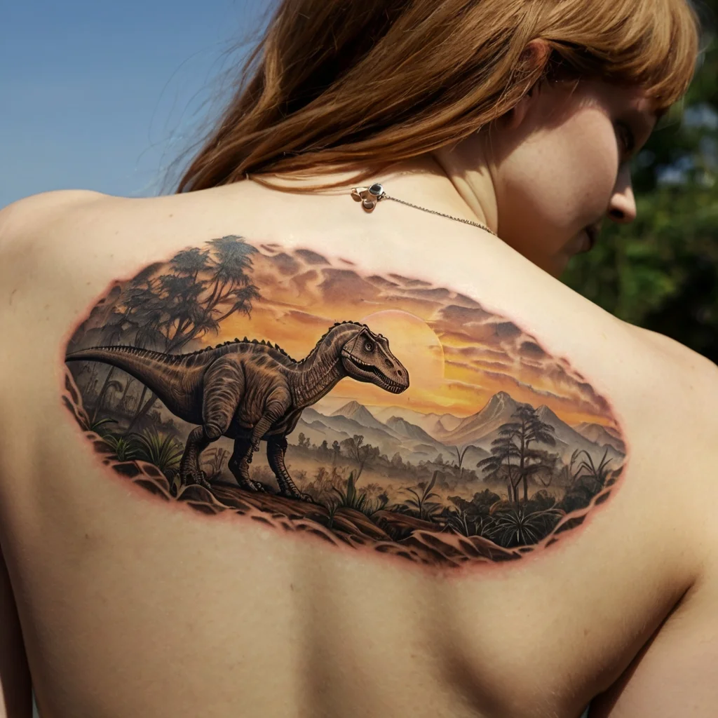 Realistic dinosaur tattoo on the back in a prehistoric landscape during sunset, highlighting vivid colors and details.