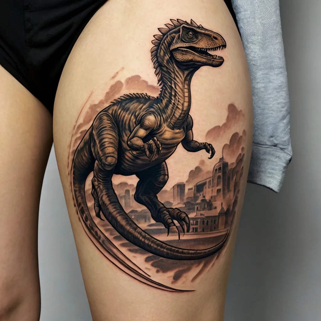 Realistic velociraptor tattoo with urban ruins backdrop on thigh, showcasing intricate detail and dynamic movement.