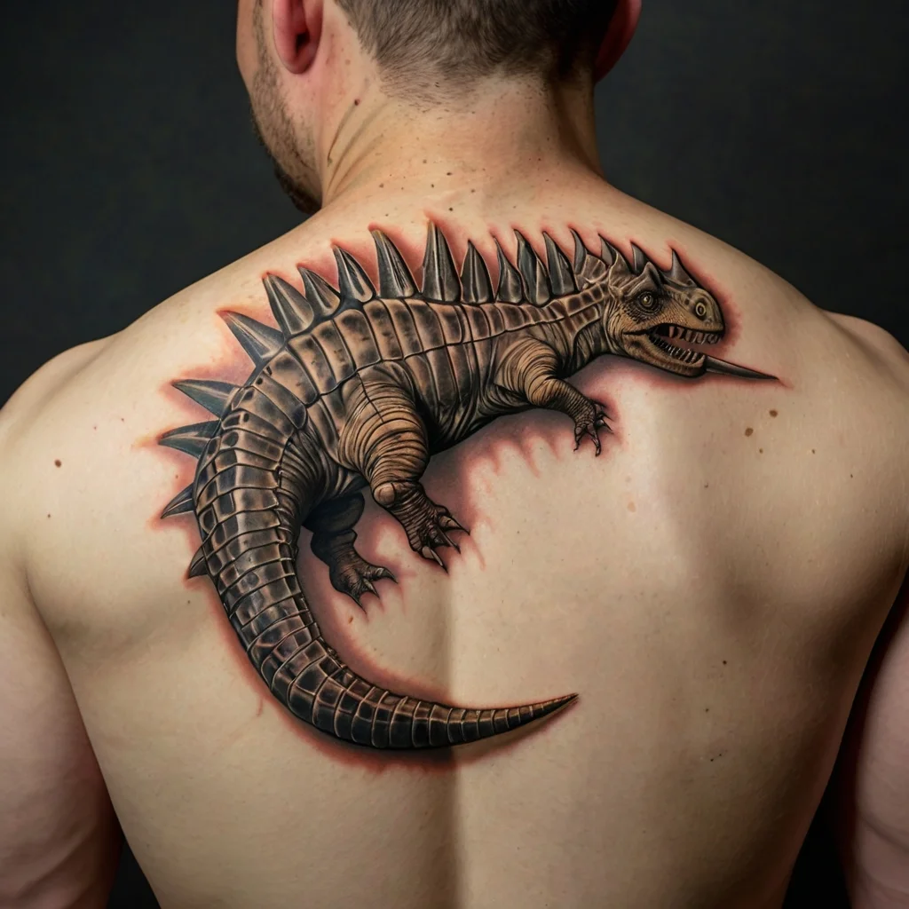 Tattoo of a detailed 3D dinosaur with spiked back and open mouth on the upper back, creating a realistic, dynamic effect.