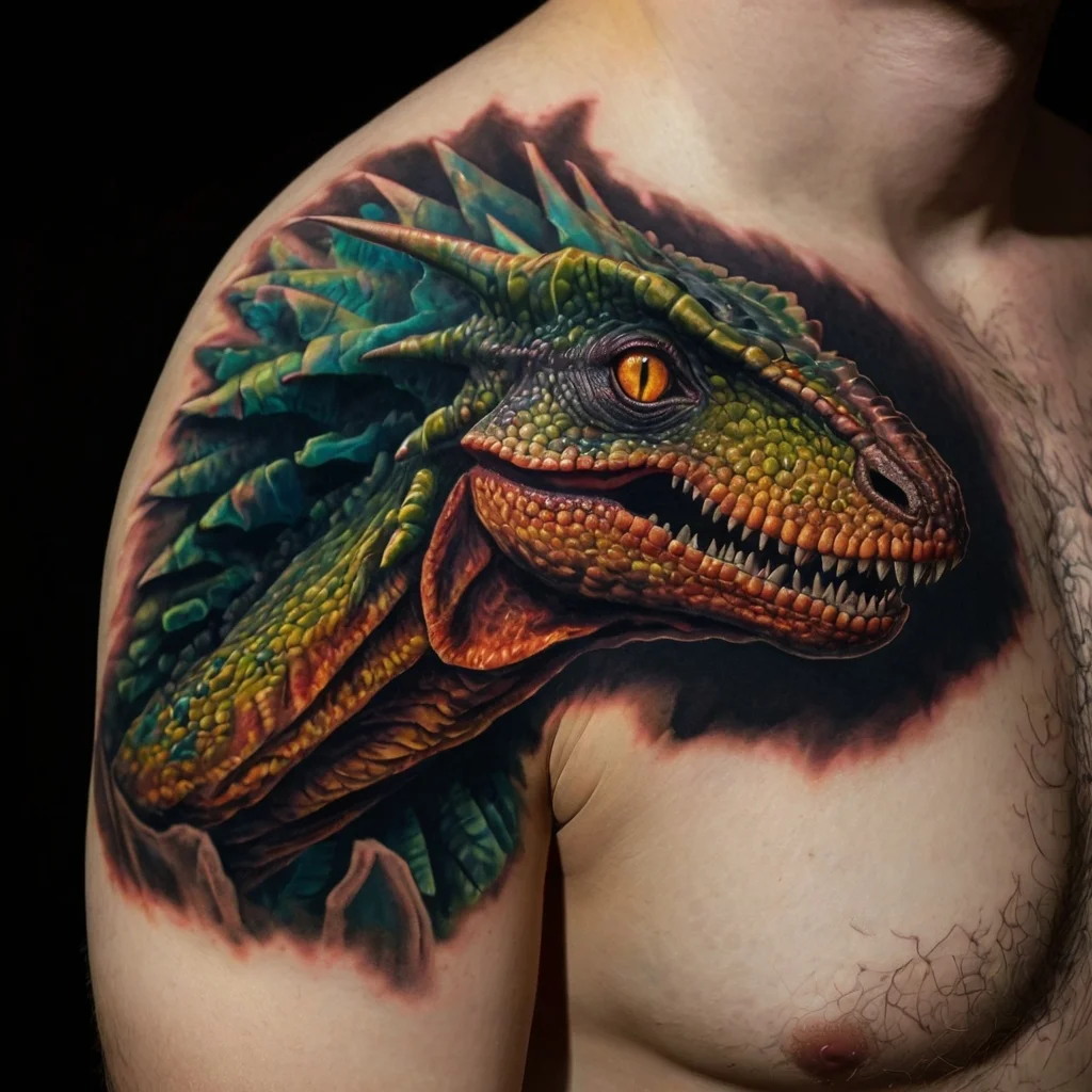 Hyper-realistic dragon tattoo on shoulder, featuring vivid green scales, piercing orange eye, and intricate texture.