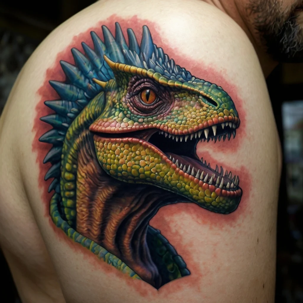 Colorful dinosaur tattoo on shoulder, featuring intricate scales and sharp teeth, with vivid blues, greens, and yellows.