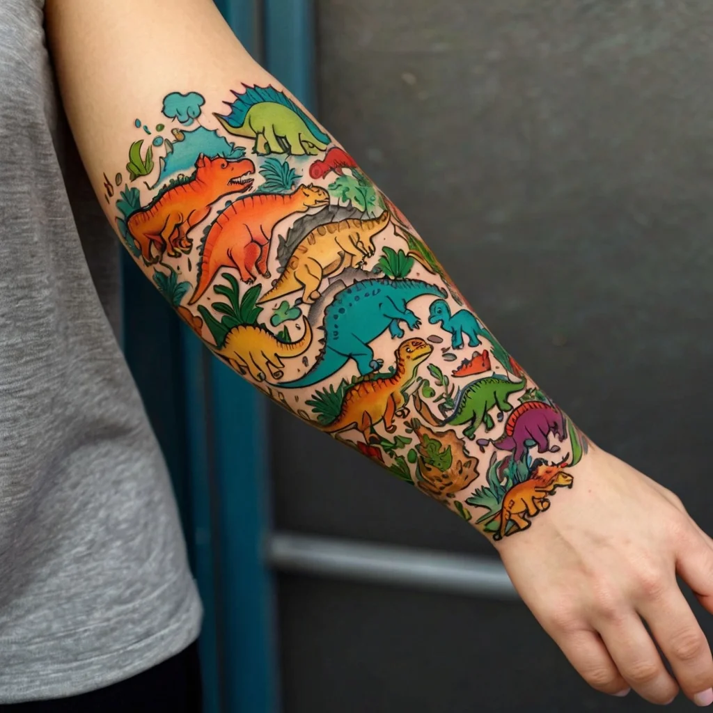 Vibrant tattoo featuring colorful dinosaurs, each distinct in hue, playfully arranged with greenery across the forearm.