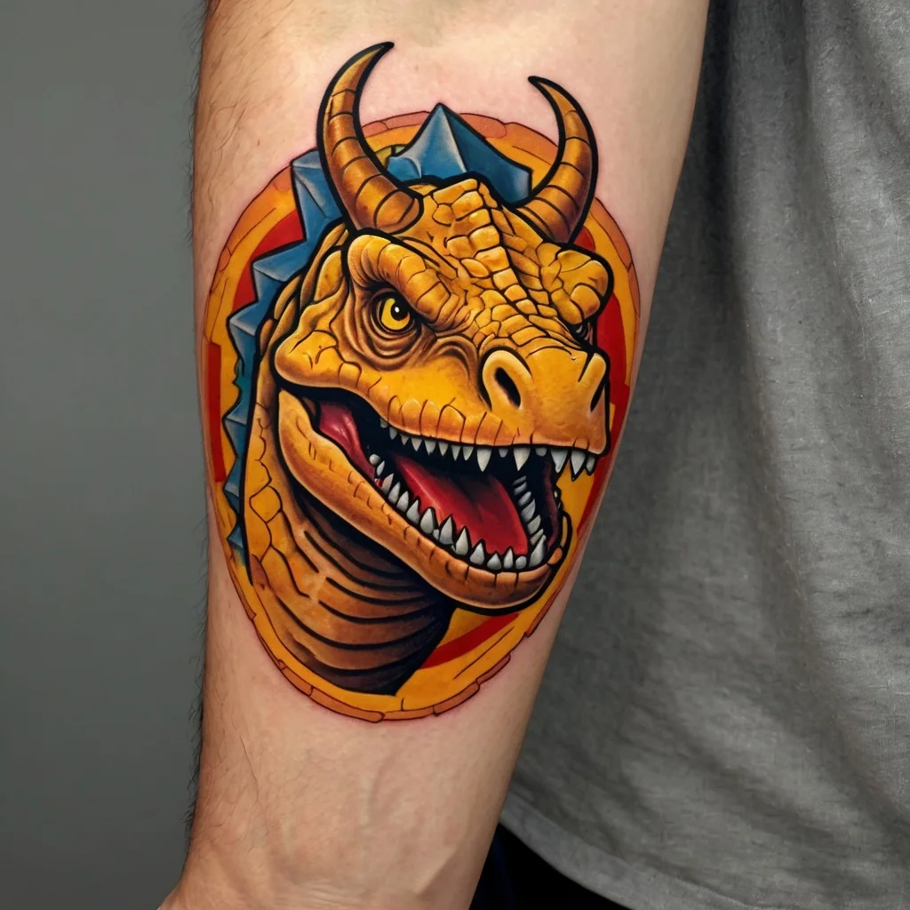 Vibrant tattoo of a fierce horned dinosaur head with vivid orange and blue tones, set within a dynamic circular background.