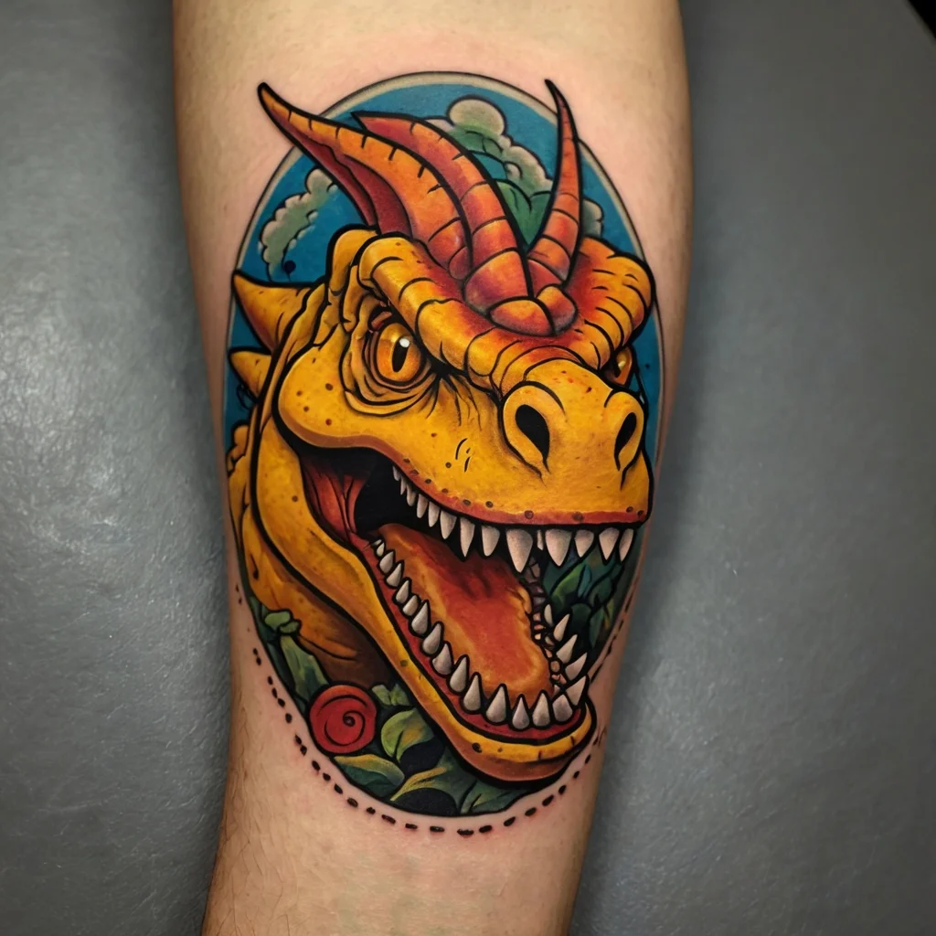 Vivid dragon tattoo with orange scales, fierce expression, surrounded by clouds and foliage for bold, dynamic contrast.