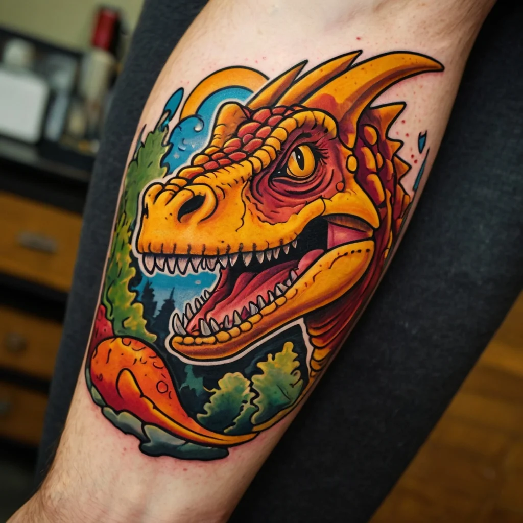 Colorful dinosaur head tattoo with intricate scales, vibrant oranges, yellows, and greens, set against a blue sky.