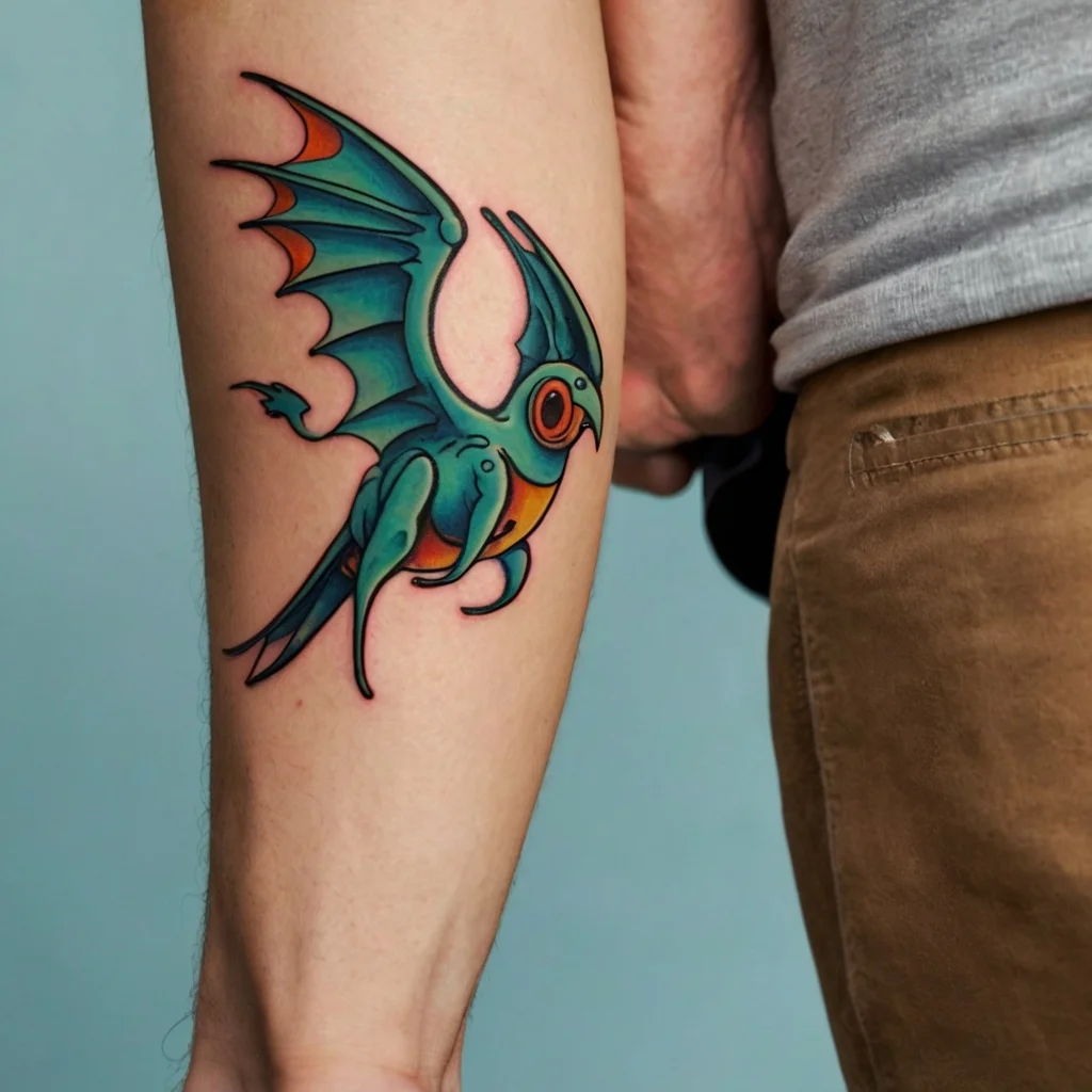 Colorful stylized bird tattoo on forearm, features vibrant blues and oranges with dynamic lines and bold outlines.