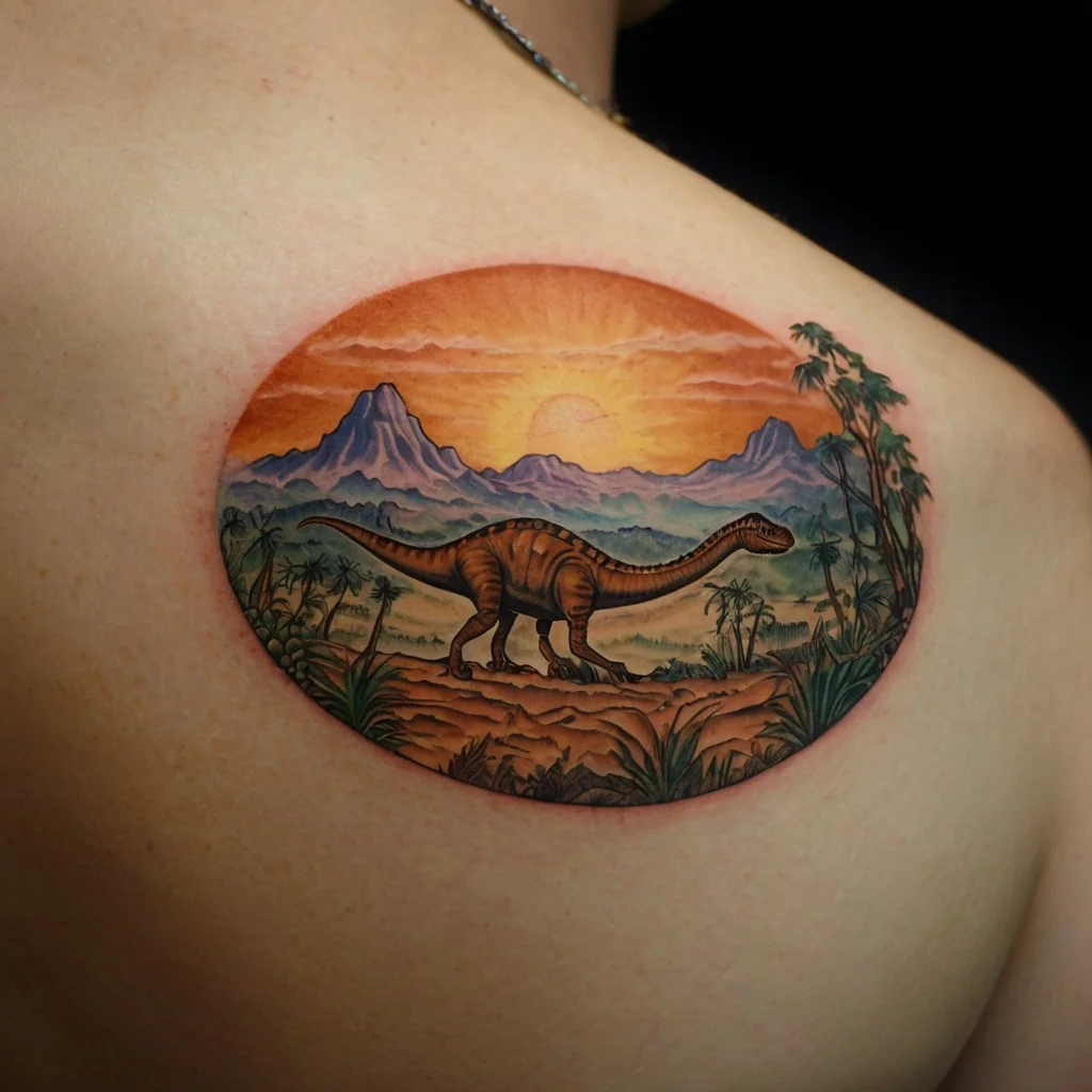 Tattoo of a dinosaur in a vibrant prehistoric landscape, featuring mountains, trees, and a setting sun in an oval frame.