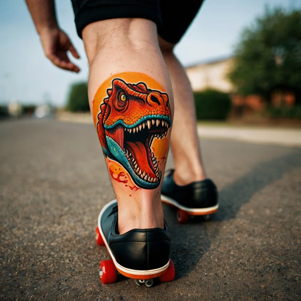 Tattoo of a roaring dinosaur with vibrant orange and blue hues on a calf, evoking dynamic energy and movement.