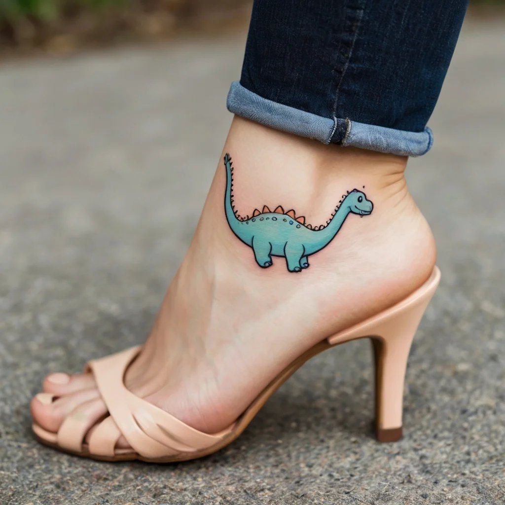 A cute blue dinosaur tattoo on the ankle, with a long neck and small spikes, conveying a playful and whimsical style.