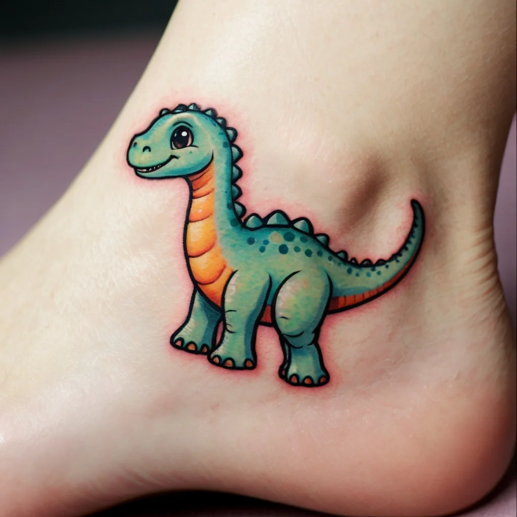 Cute green cartoon dinosaur tattoo with orange belly and blue spots, located on the inner ankle. Playful and vibrant design.