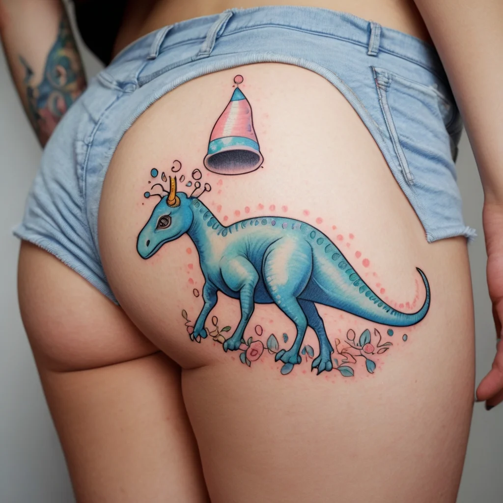 A playful tattoo of a blue dinosaur with a golden horn, surrounded by flowers and a floating party hat.