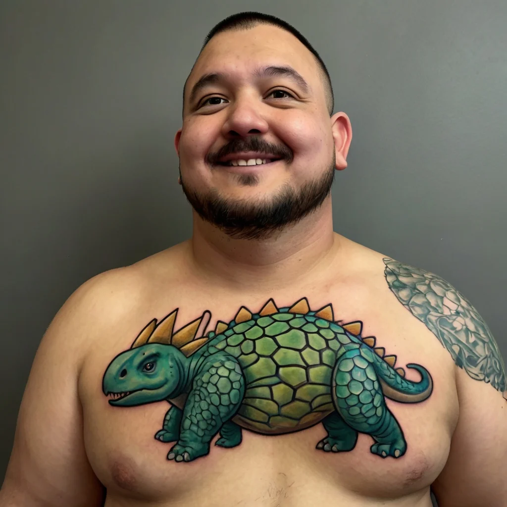 A colorful dinosaur tattoo on chest, featuring a green-scaled body with orange spikes and a playful, cartoon-like style.