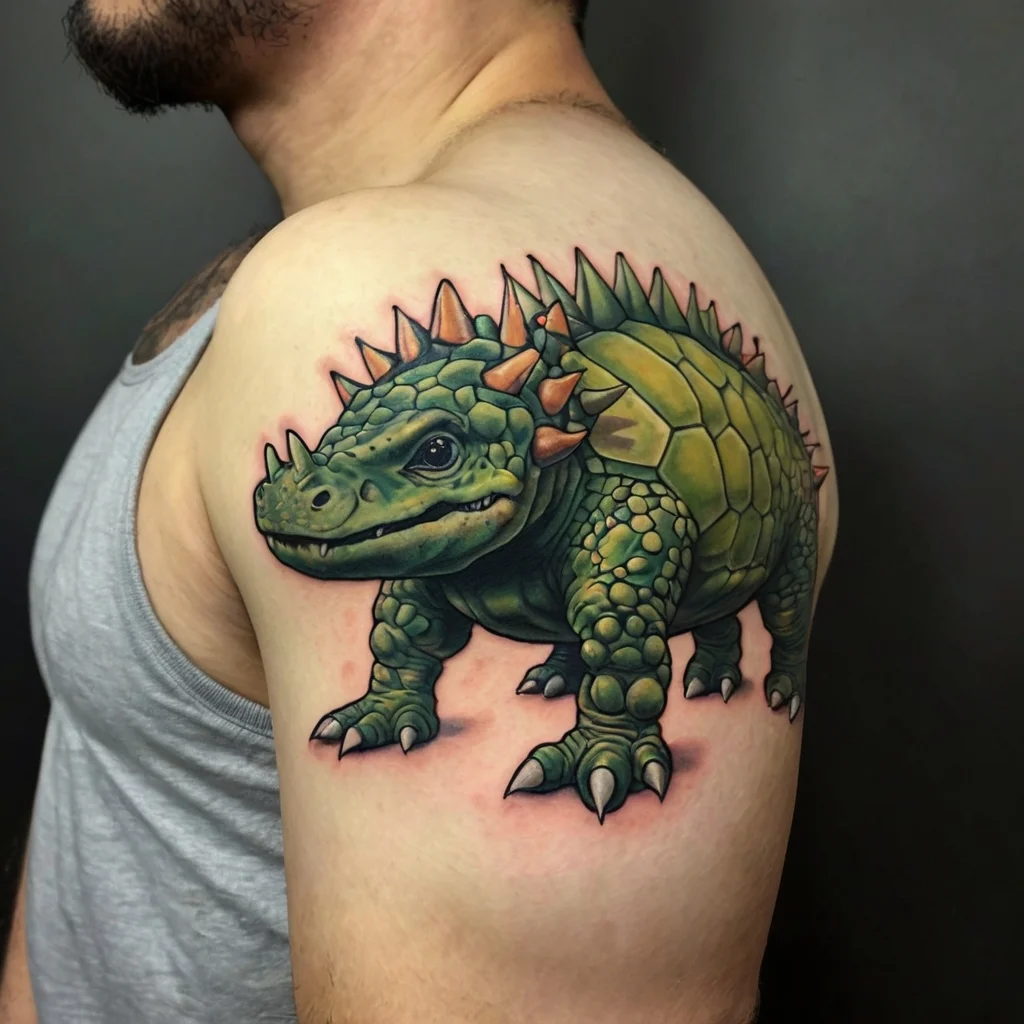 Tattoo of a vibrant, spiky ankylosaurus on the upper arm, blending detailed realism with bold colors for dynamic impact.