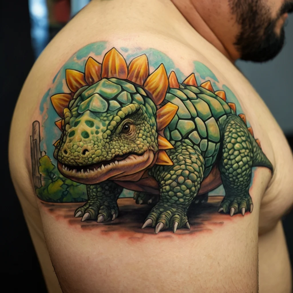 Tattoo of a vibrant, detailed stegosaurus on shoulder; green scales, orange spikes, blue sky backdrop for a dynamic effect.