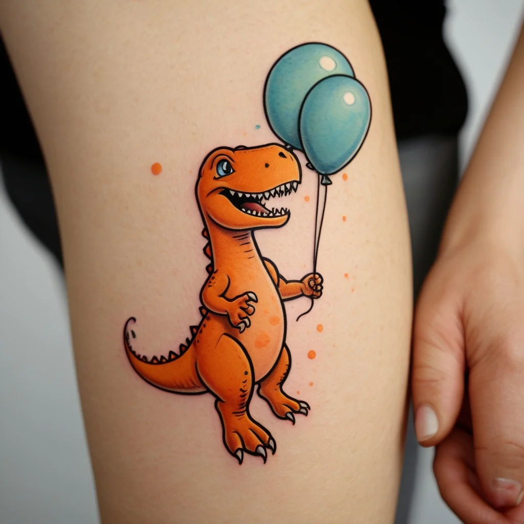 Cute T-Rex tattoo holding blue balloons with colorful accents, blending whimsy and prehistoric charm in a playful design.