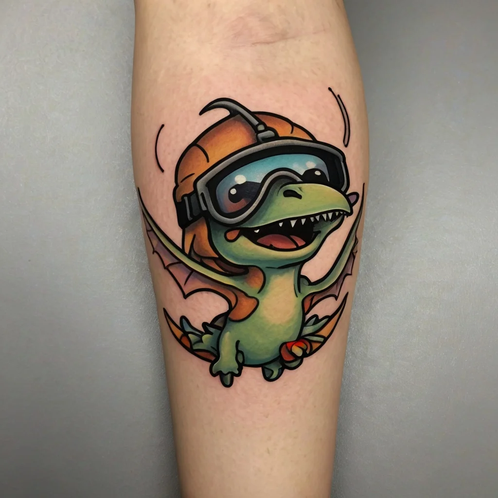 Cute cartoon dinosaur tattoo wearing goggles and an aviator helmet, with vibrant green and orange colors.