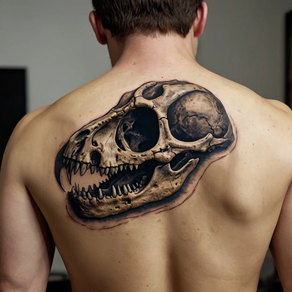 Realistic dinosaur skull tattoo on upper back, featuring detailed shading and intricate line work for a 3D effect.