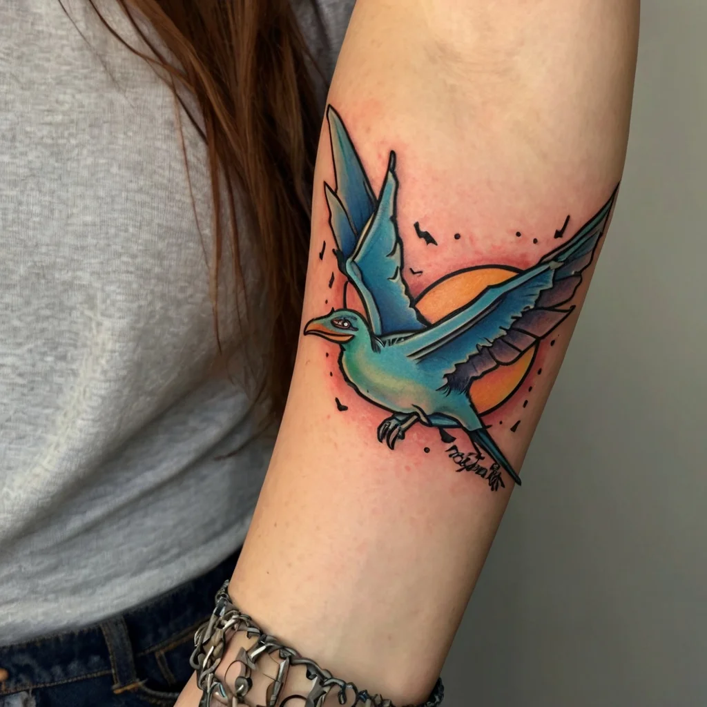 Vibrant tattoo of a blue bird in flight against an orange sun, surrounded by smaller birds, symbolizes freedom and hope.