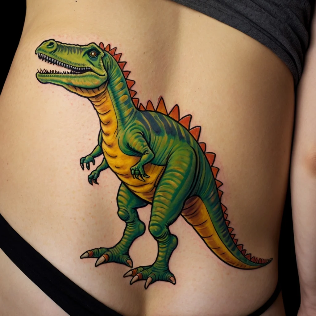 Bold dinosaur tattoo in vibrant greens and yellows with red spikes, showcasing intricate detail and dynamic posture.