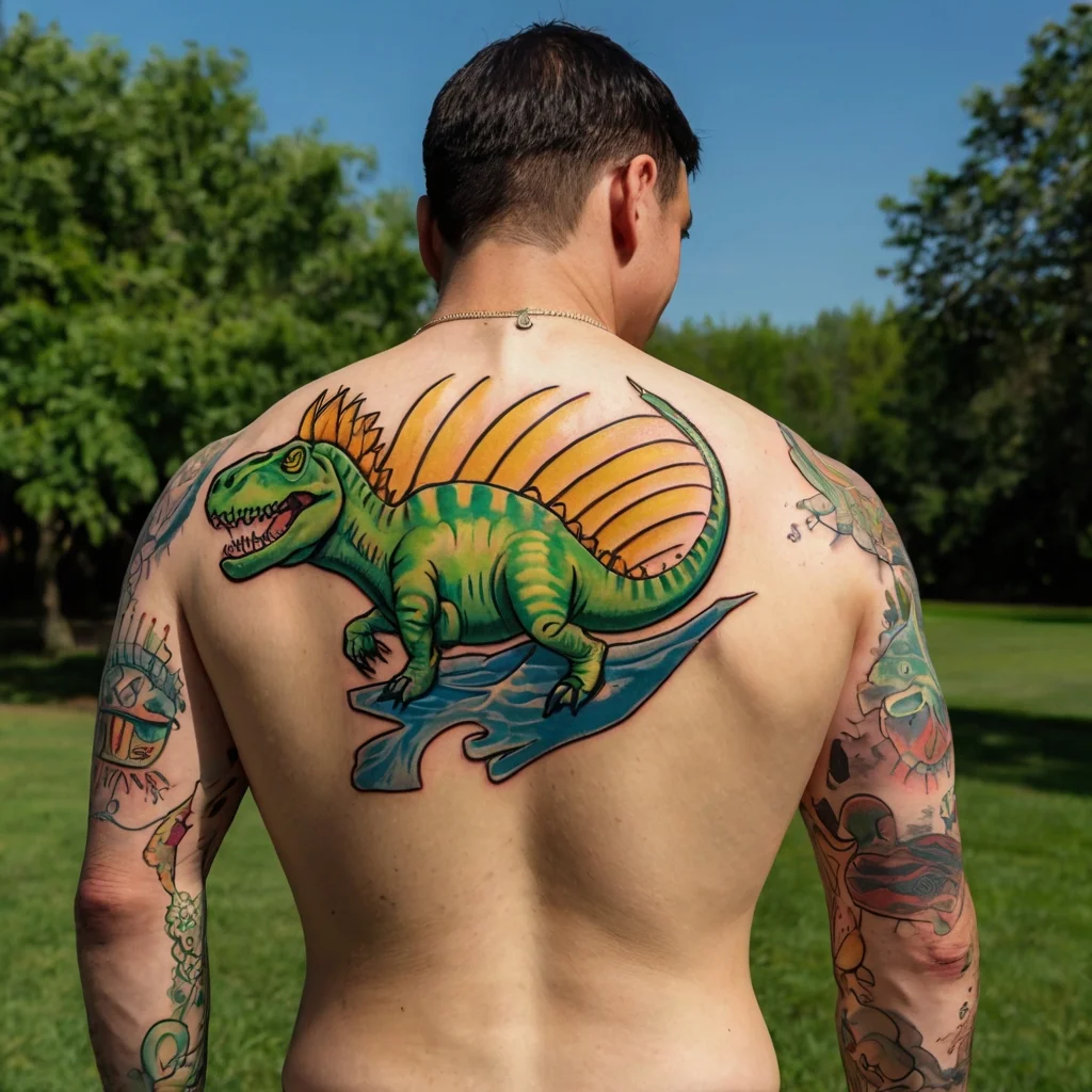 A vibrant dinosaur tattoo on a man's back, with colorful scales, a spiky tail, and a dynamic background design.