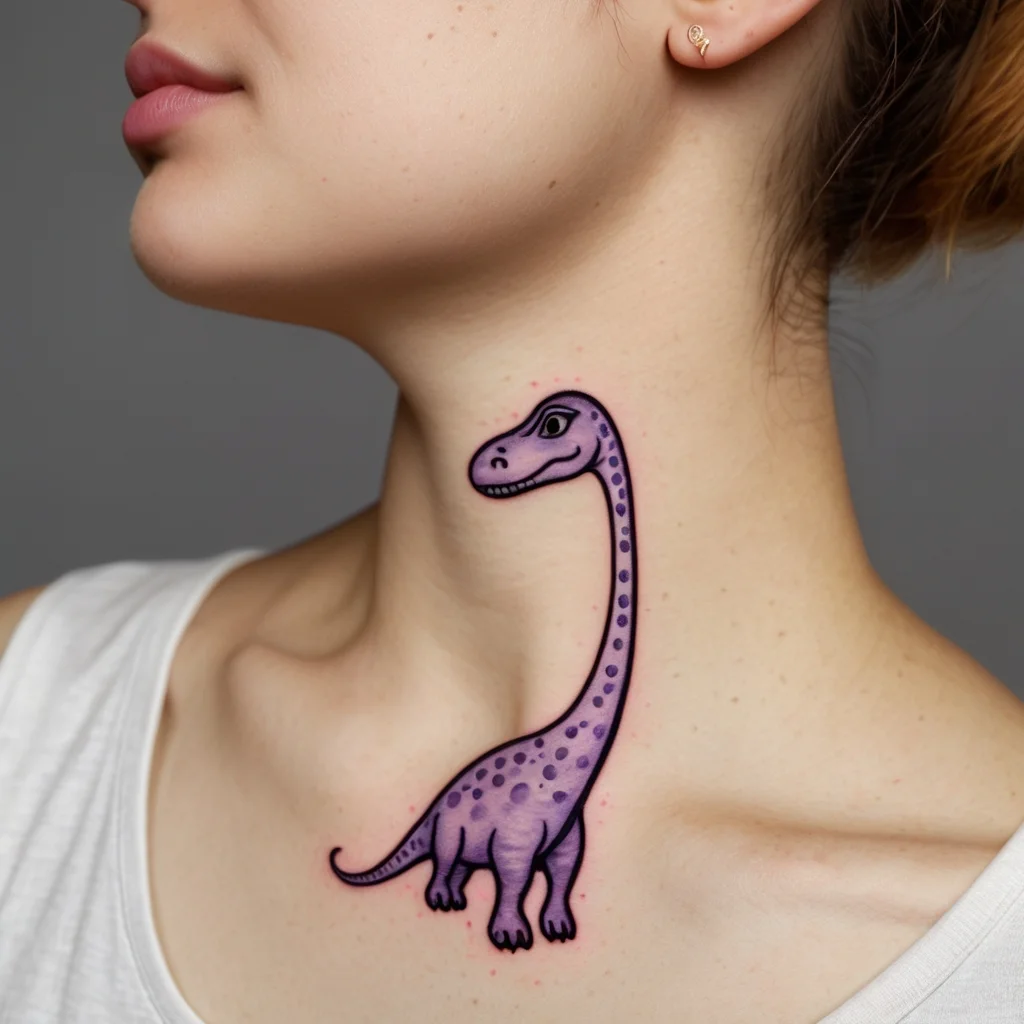 Playful purple dinosaur tattoo on neck, featuring long neck and tail, with dot details for a whimsical touch.