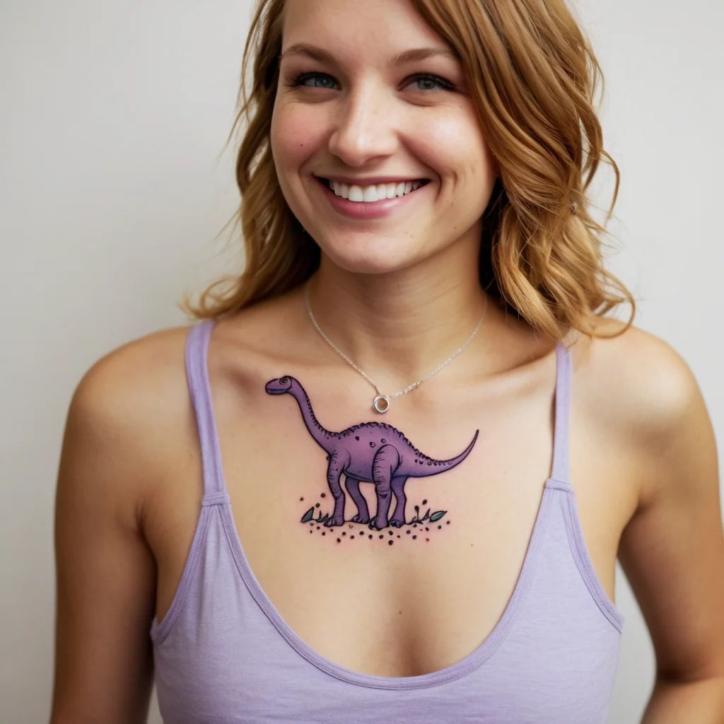 Tattoo of a whimsical purple dinosaur with small leaves and dots, placed on the upper chest.