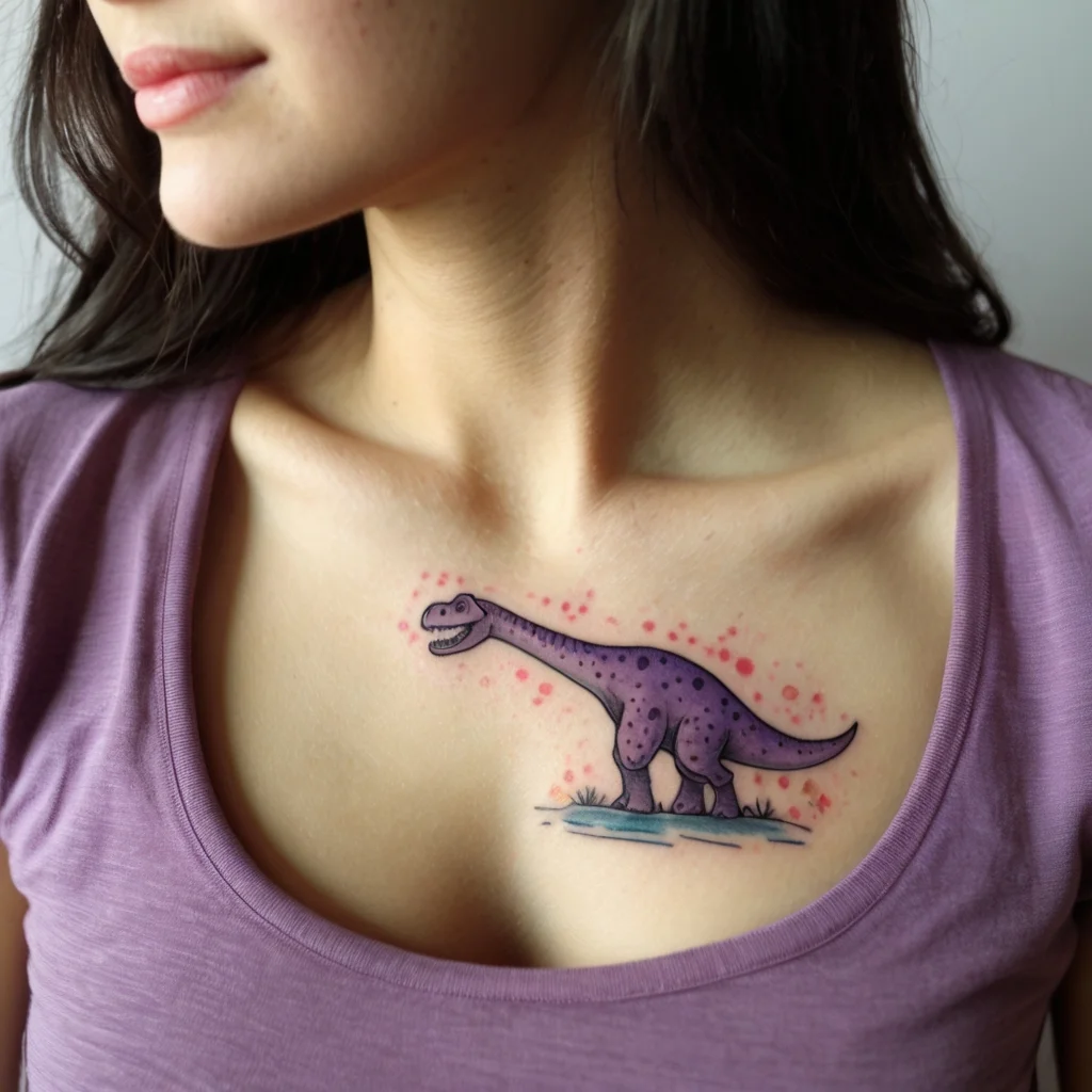 Vibrant purple dinosaur tattoo on the chest, surrounded by pink dots; playful and whimsical design.