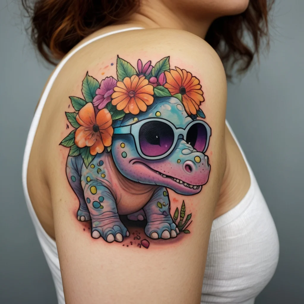 Cute dinosaur tattoo with sunglasses, surrounded by vibrant flowers on a shoulder, depicts a fun, whimsical theme.