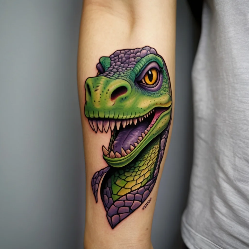 Tattoo of a vibrant cartoon dinosaur head, featuring realistic scales and a fierce expression in shades of green and purple.