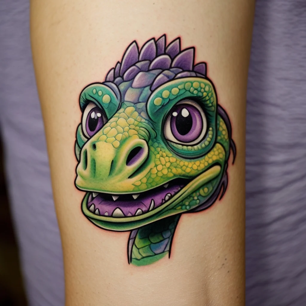 Tattoo of a whimsical, colorful dinosaur head with large eyes, featuring green and purple hues on a person's arm.