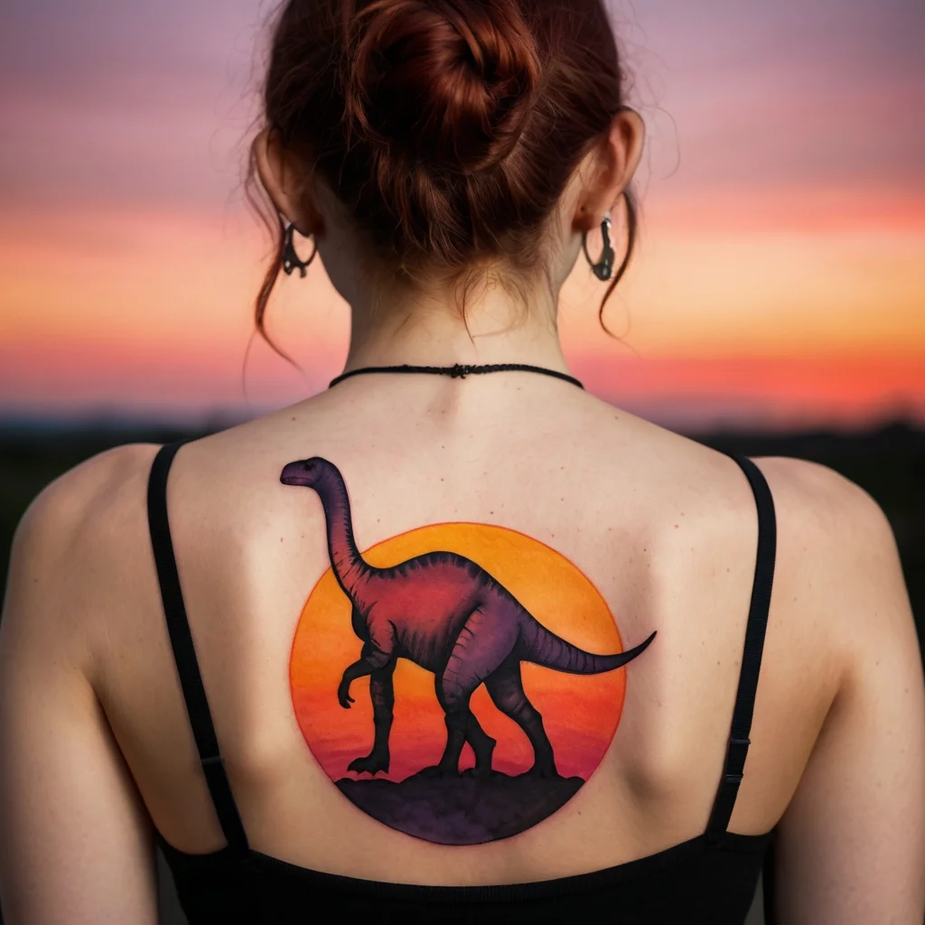 Tattoo of a dinosaur silhouette against a vibrant sunset in circular design on upper back. Bold colors enhance the scene.