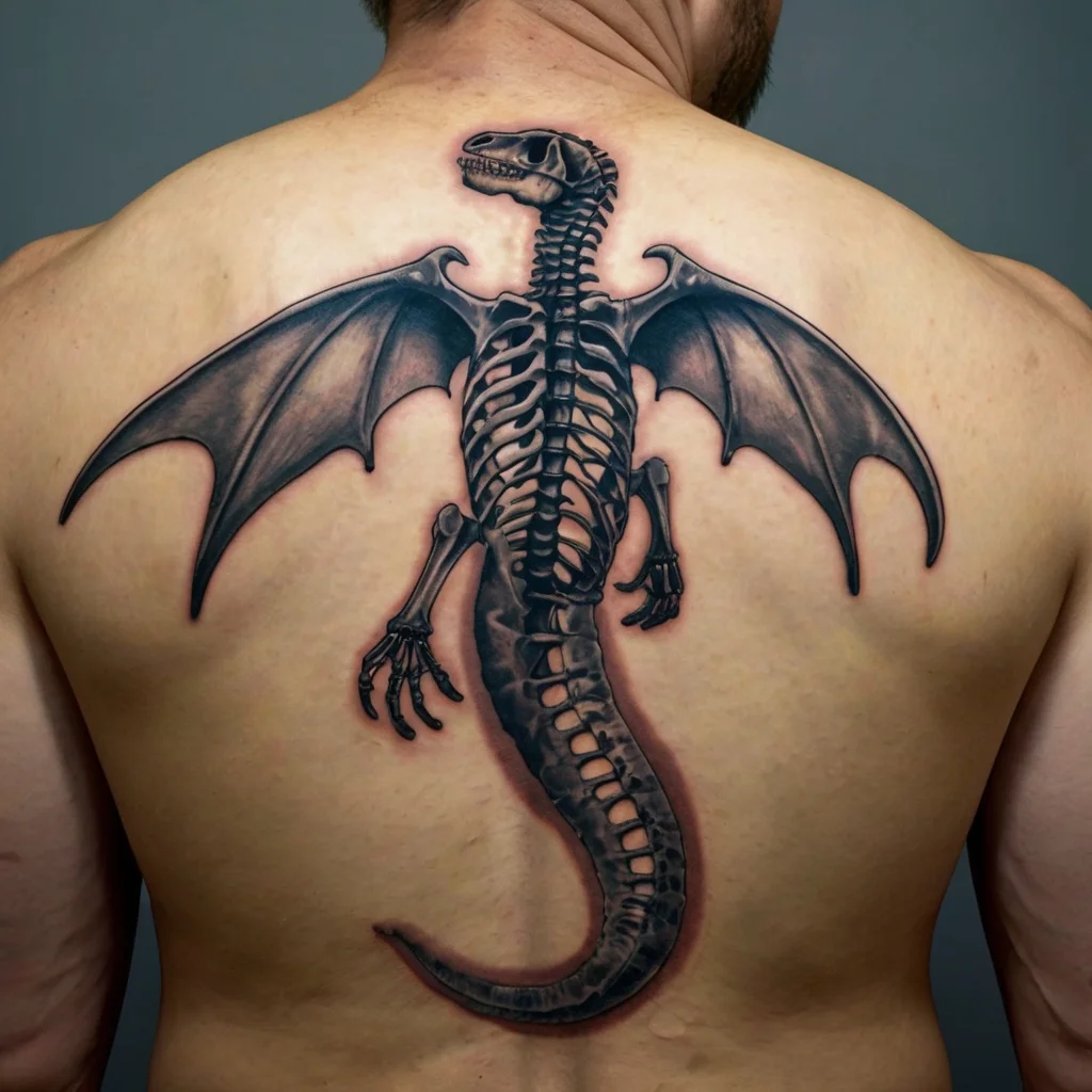 Tattoo of a dragon skeleton with wings spread, spanning across a back; detailed bones and shading for a realistic effect.