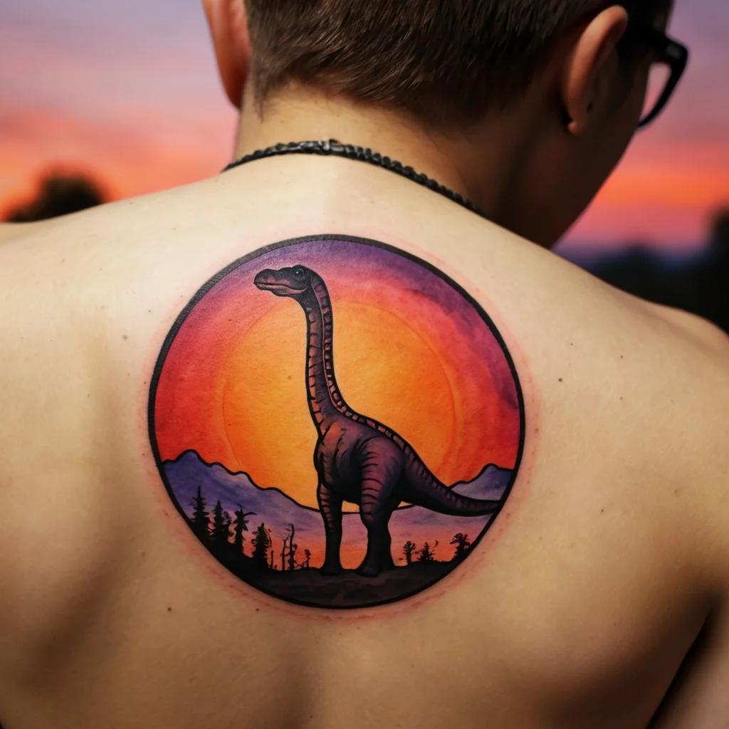 Tattoo of a dinosaur silhouette against a vibrant sunset, framed by mountains, symbolizing timelessness and wonder.