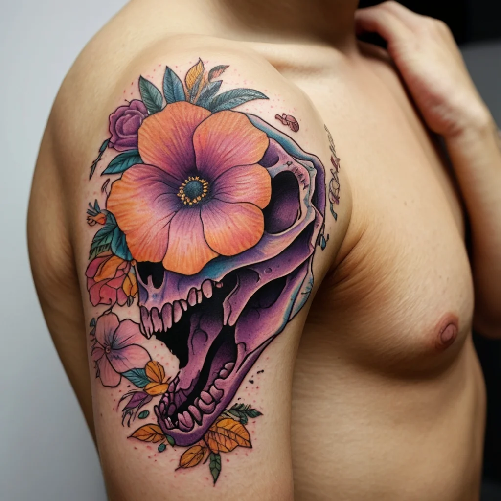 Colorful skull with vibrant flowers on shoulder, combining life and death themes in bold hues and intricate details.