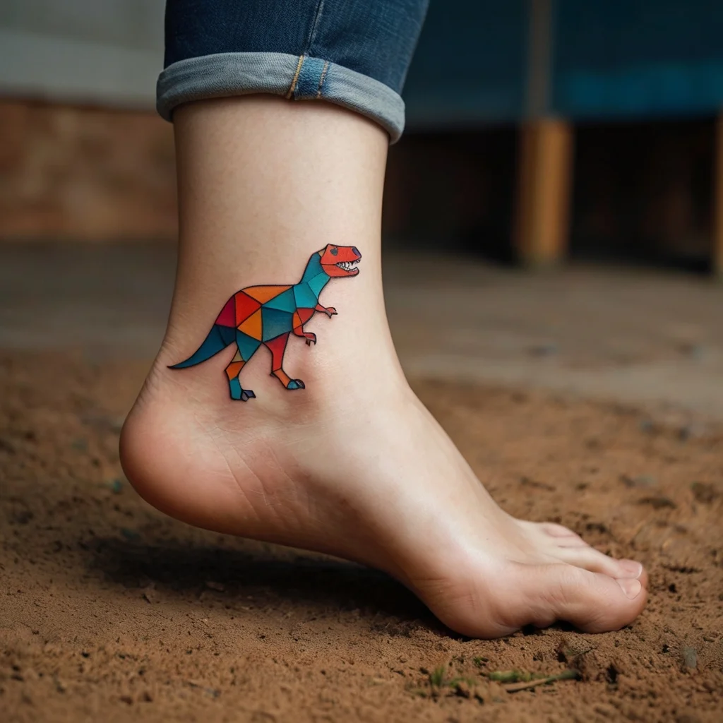 Geometric dinosaur tattoo in vibrant colors on ankle, with red, blue, and orange triangles forming a playful, modern design.