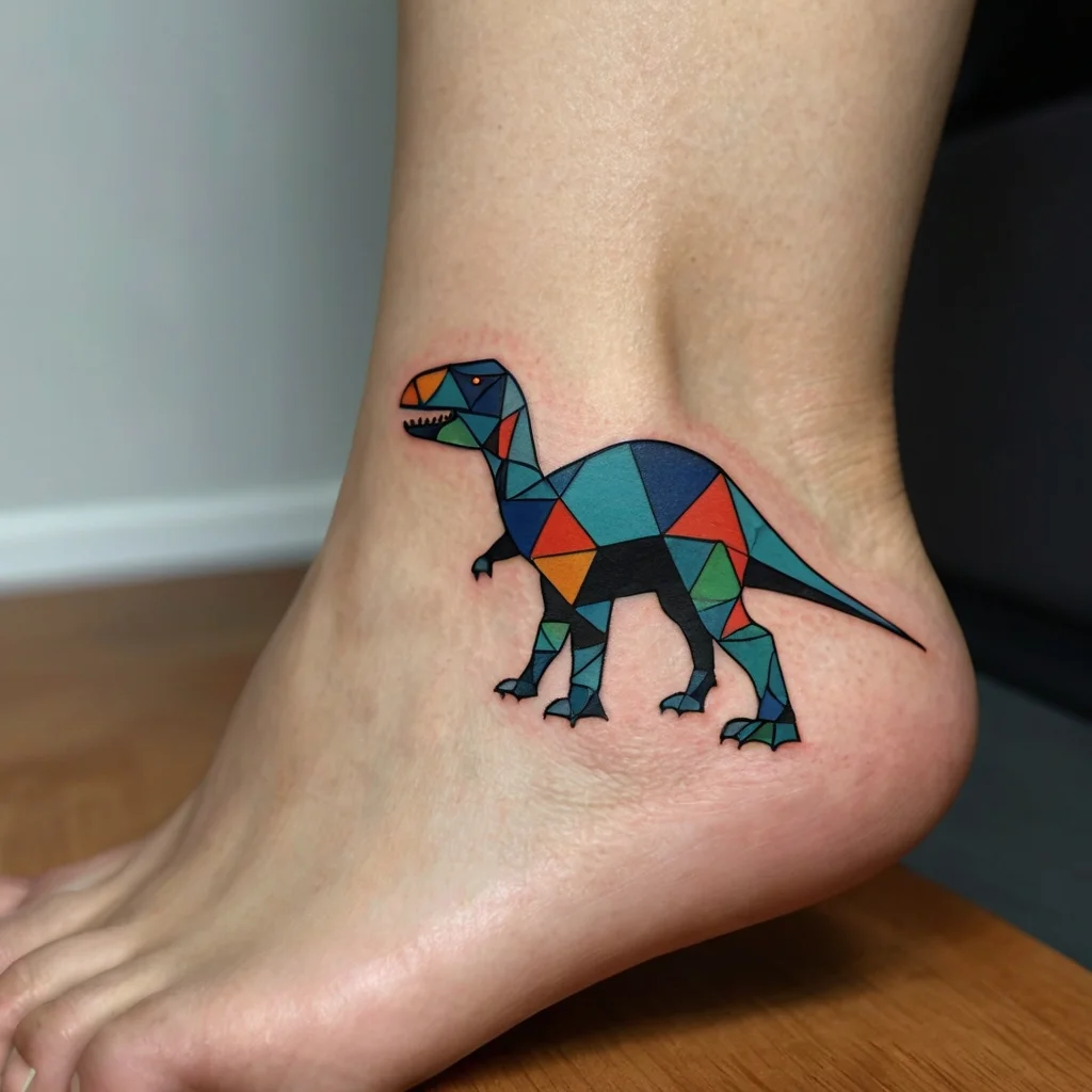 Geometric dinosaur tattoo with colorful triangles on a person's ankle, featuring bold lines and vibrant tones.