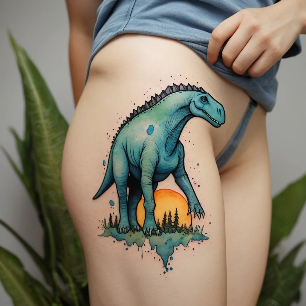 A vibrant tattoo of a blue dinosaur on the thigh, set against a sunset and forest, with splashes of color for a dynamic effect.