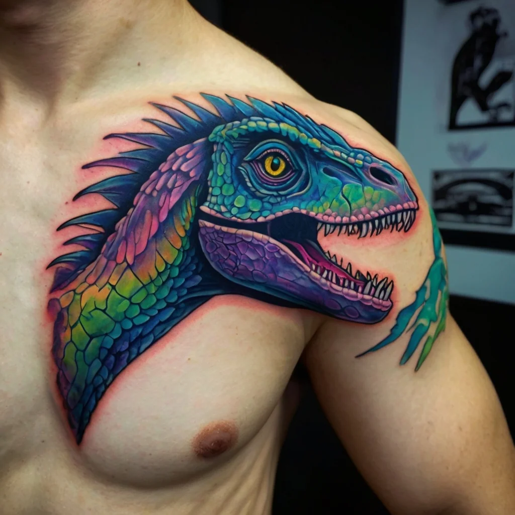 Colorful dinosaur tattoo on chest, featuring vivid scales in blue, green, and purple with sharp teeth and vibrant eyes.