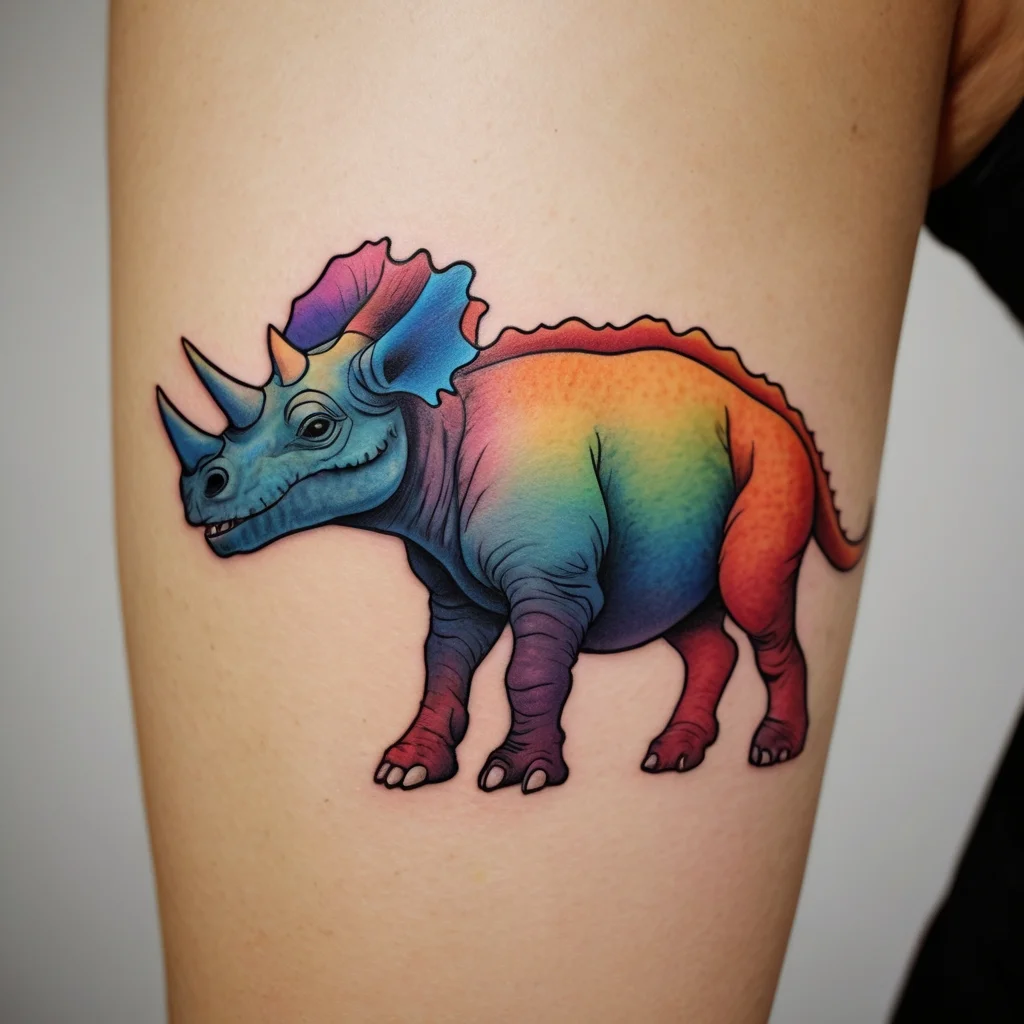 A vibrant triceratops tattoo with a rainbow gradient, blending blue, purple, orange, and red hues, creating a playful look.