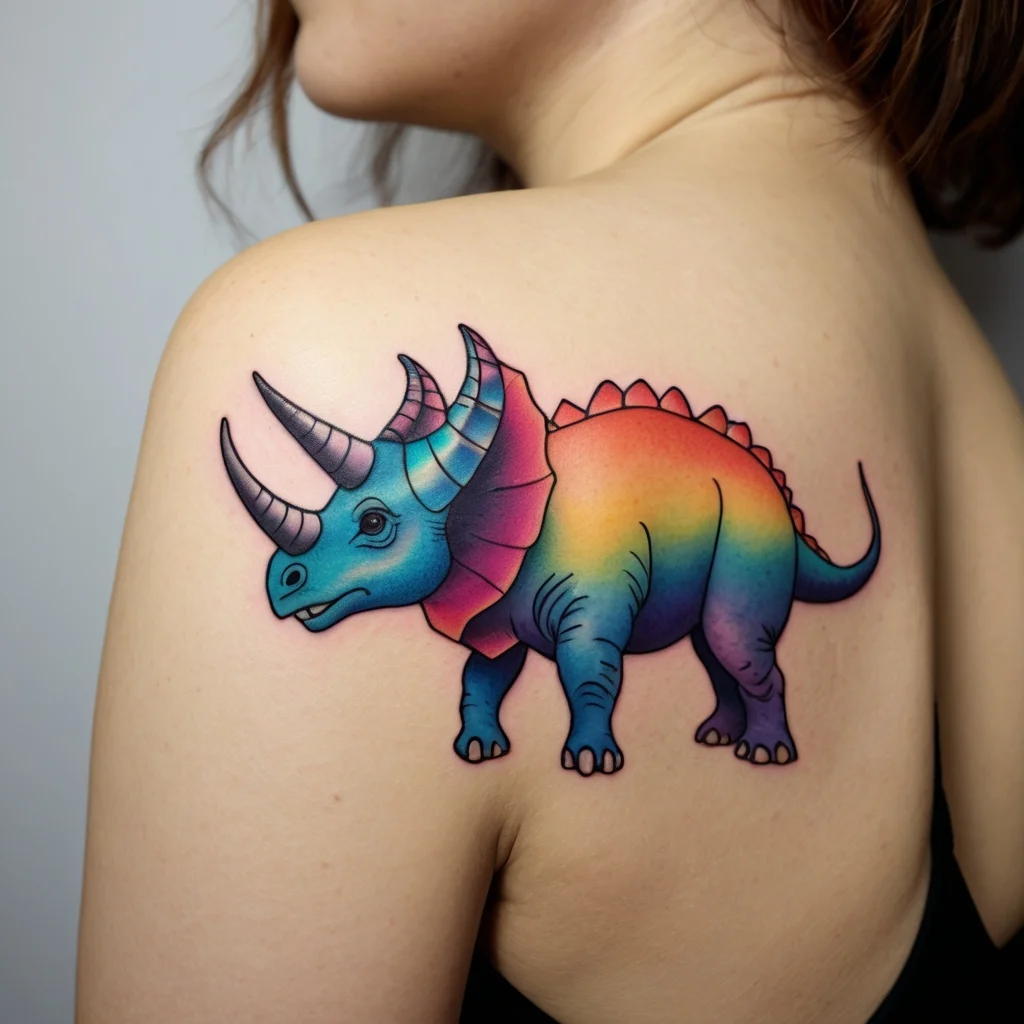 Colorful triceratops tattoo with a rainbow gradient from blue head to orange tail on shoulder blade.