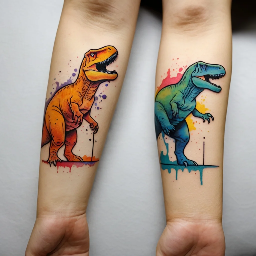 Colorful dinosaur tattoos on forearms, one orange and one blue-green, with splatter paint effect and bold outlines.