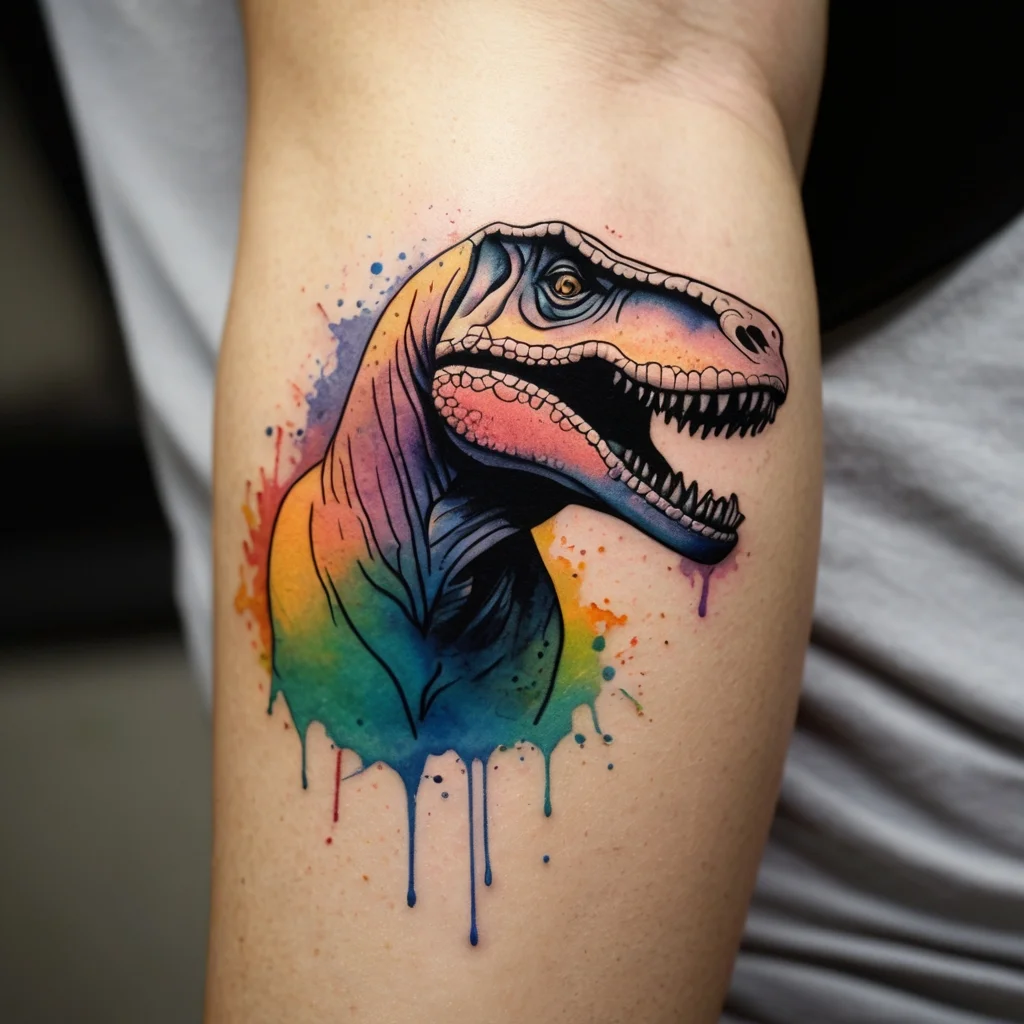 Watercolor T-Rex tattoo with vibrant splashes of orange, blue, and green, showcasing a detailed head in profile.