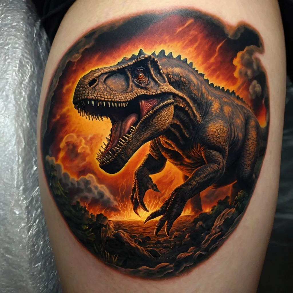 Vivid tattoo of a roaring T-Rex against a fiery, apocalyptic background, detailed with realistic shading and dynamic colors.