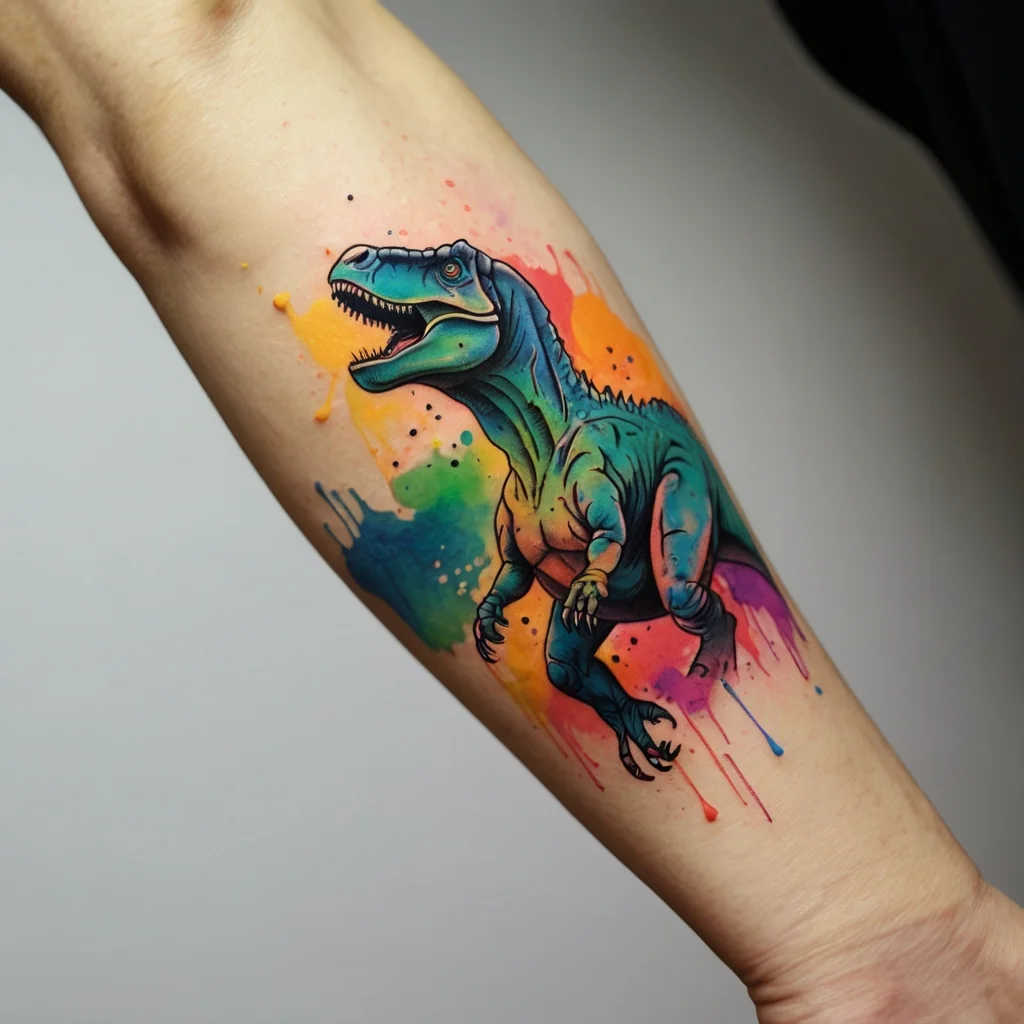 Colorful watercolor T-rex tattoo with vibrant splashes of orange, yellow, green, and blue, blending in the background.