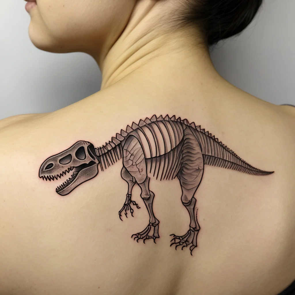 Tattoo of a detailed T-Rex skeleton on the back, featuring intricate shading and linework for a realistic effect.