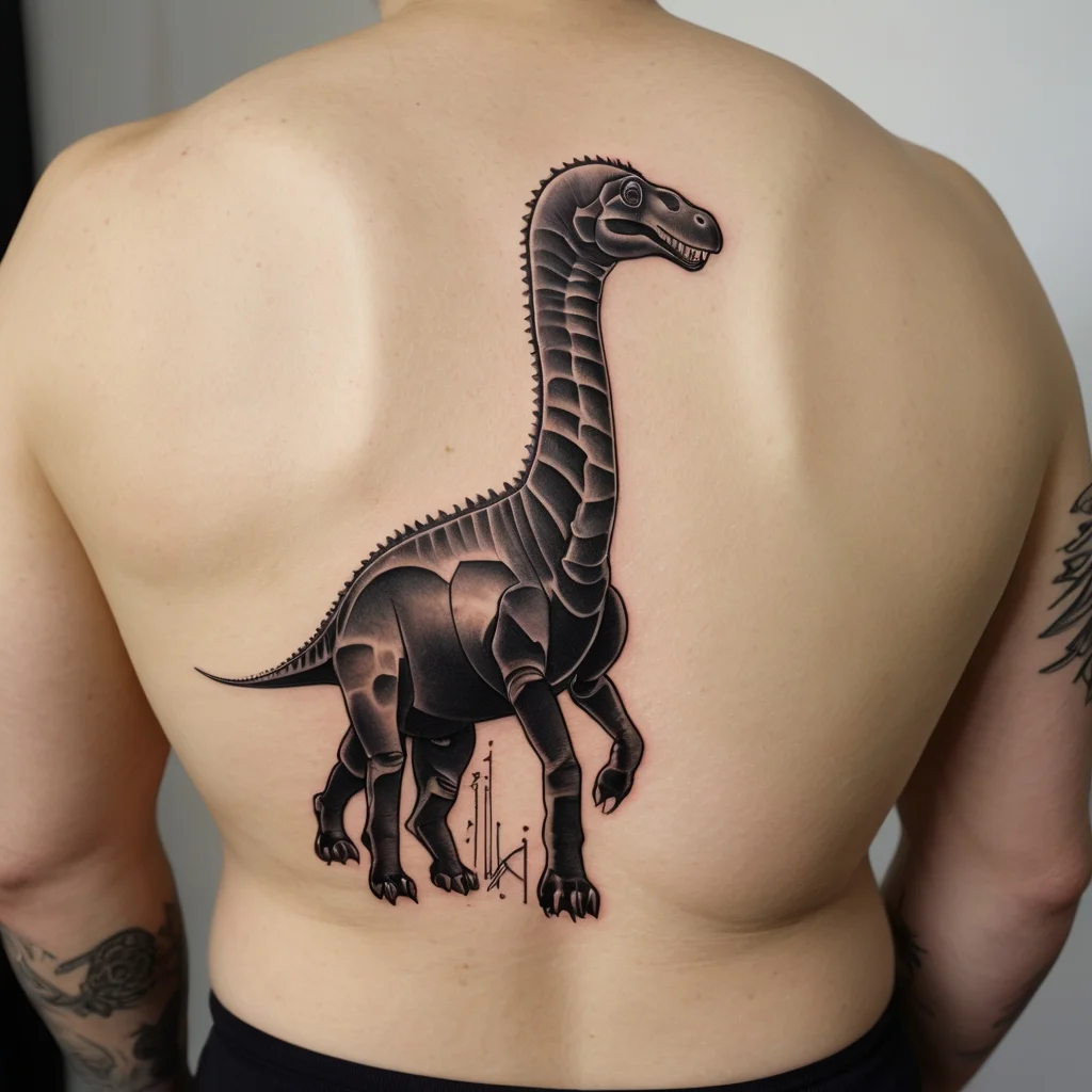 Black and gray geometric dinosaur tattoo on back, featuring detailed shading and abstract lines beneath its feet.