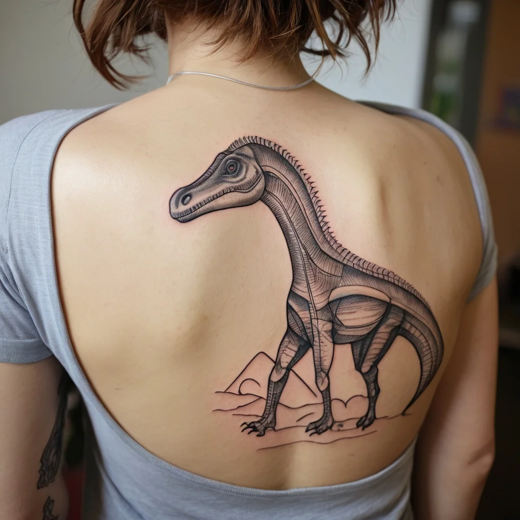 Detailed geometric dinosaur tattoo on the back with intricate linework, featuring a landscape background.