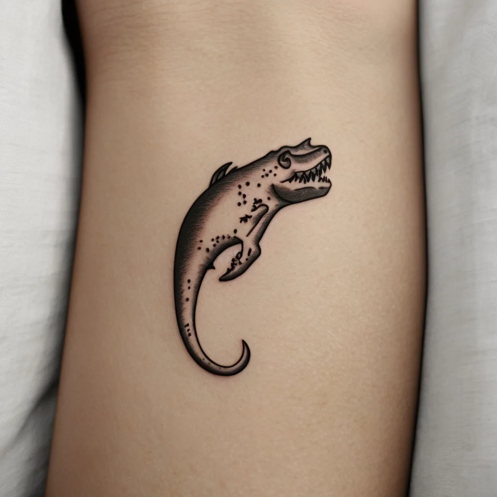 Stylized T-Rex tattoo with curved body, dot work shading, and fierce expression, blending modern and prehistoric themes.